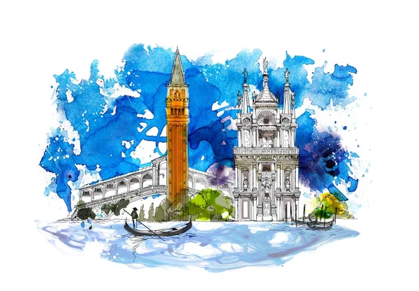 Venice. Canal illustration with gondolas. Sketch with colourful water colour effects — Stock Photo, Image