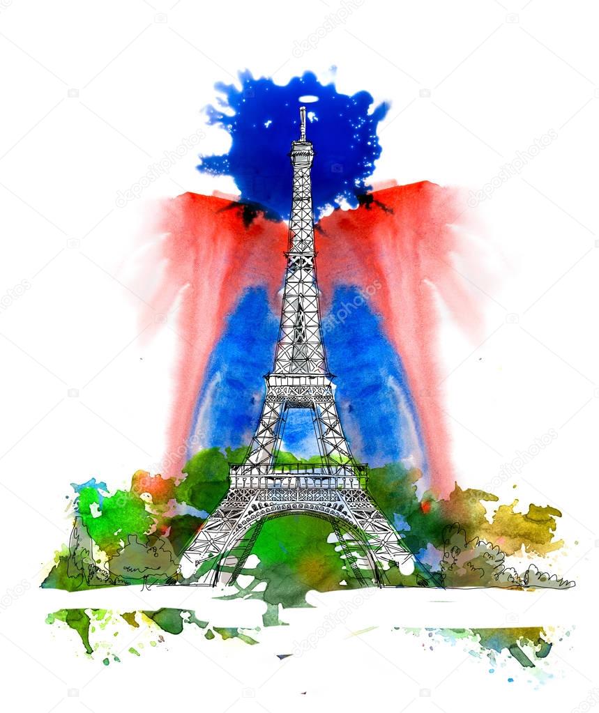 Eiffel tower, Paris. Sketch with colourful water colour effects