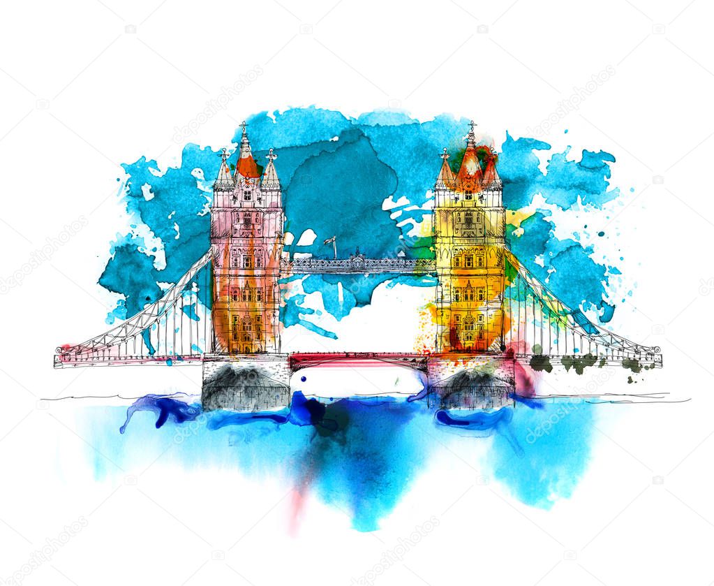 London, Tower bridge. Sketch with colourful water colour effects