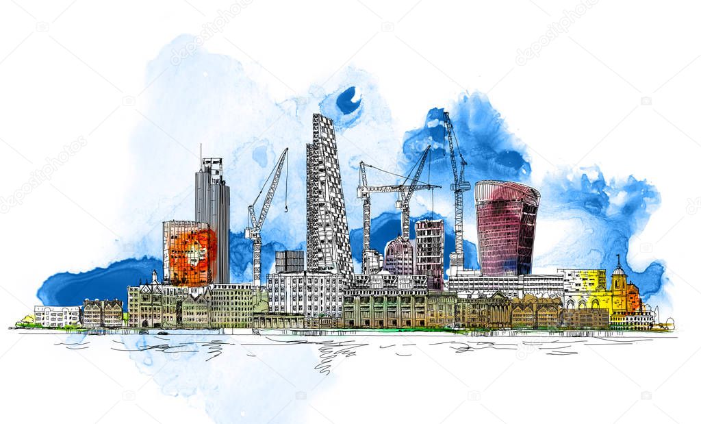 Modern London. City of London with crane and building sites of new developments. Sketch with colourful water colour effects