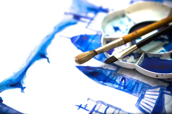 Paint Brushes Watercolour City Drawing — Stock Photo, Image