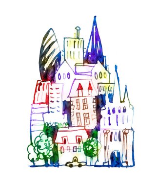 Gökdelenler ile güzel modern kent road, suluboya etkileri illüstrasyon yaptı. Dokulu suluboya koleksiyonu.