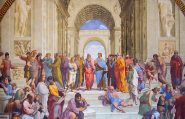 ROME, ITALY - APRIL 8, 2016: The School of Athens, Raphael room's in Museums of Vatican. clipart