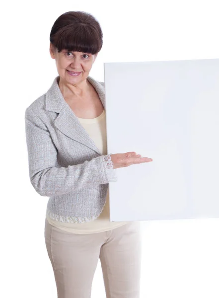 Mature Woman Leaning White Banner Portrait White Background — Stock Photo, Image