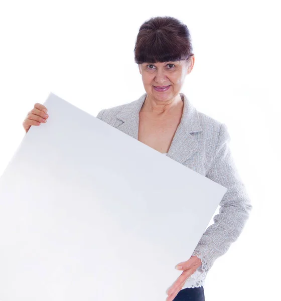Mature Woman Leaning White Banner Portrait White Background — Stock Photo, Image