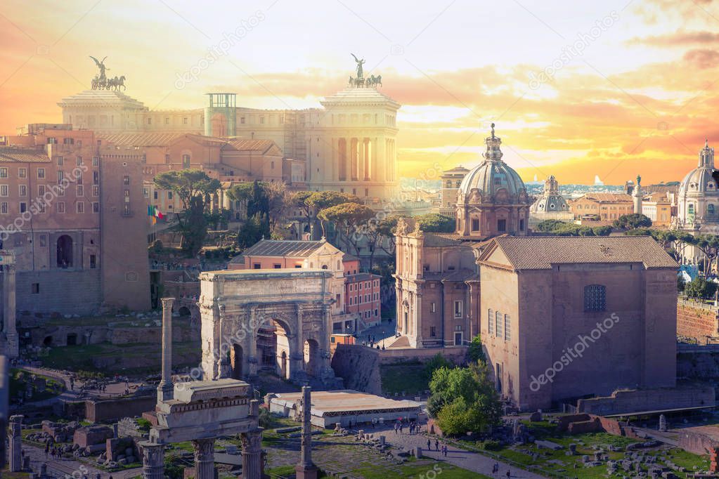 Ruins of Roman's forum at sunset, ancient government buildings started 7th century BC. Rome