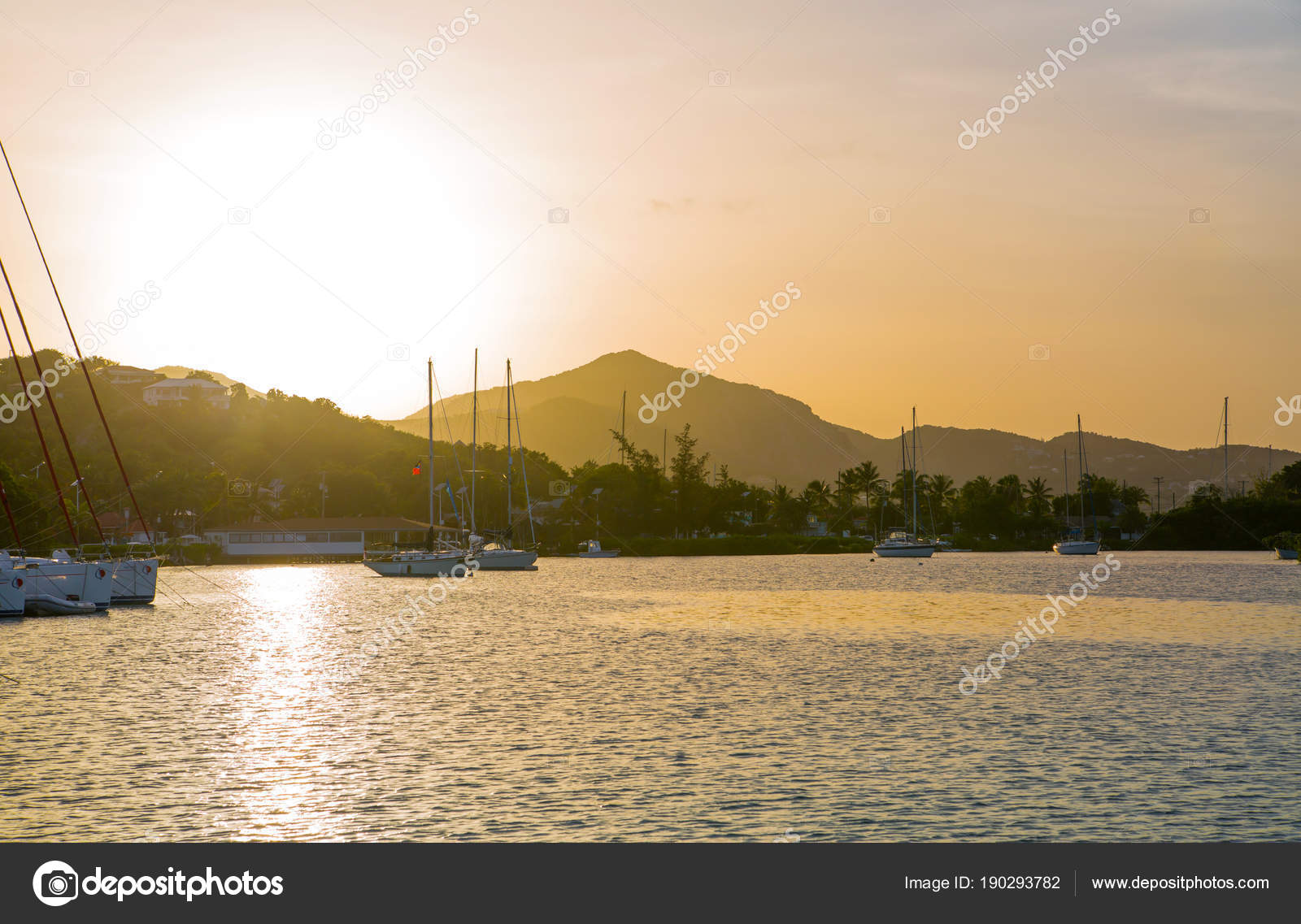 Coucher Soleil Sur Antigua English Harbour Photographie