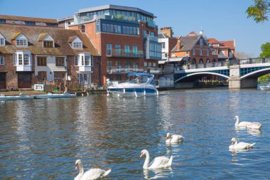 Windsor, Uk - 5 Mayıs 2019: Eton 'daki nehir kenarı restoranında bir sürü insan ve turist dinleniyor.