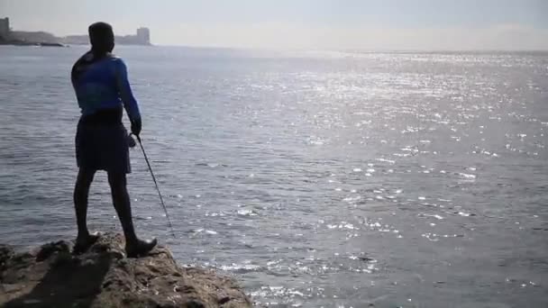 Salvador Bahia Brasil Dezembro 2019 Pescador Artesanal Visto Praia Farol — Vídeo de Stock