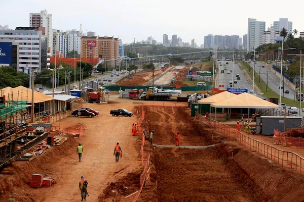 Salvador Bahia Brazil Wrzesień 2016 Pracownicy Widziani Przy Budowie Linii — Zdjęcie stockowe