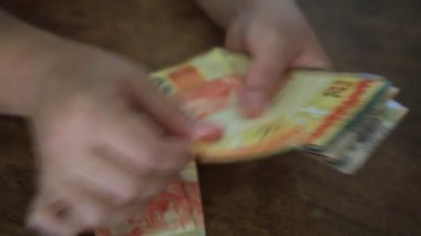 Salvador, Bahia / Brezilya - 28 Mart 2020: Brezilya 'da kullanılan para birimi olan Reais banknotları kadının ellerinde..