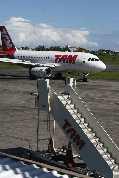 ilheus, bahia / brazil - ilheus, bahia / brazil - february 29, 2012: Air Lines A-319 of Tam Linhas Aereas is seen in the courtyard of Jorge Amado airport in the city of Ilheus