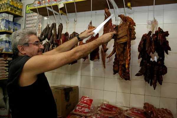 Salvador Bahia Brazil Sierpień 2006 Rzeźnia Sprzedaje Suszone Wędzone Mięso — Zdjęcie stockowe