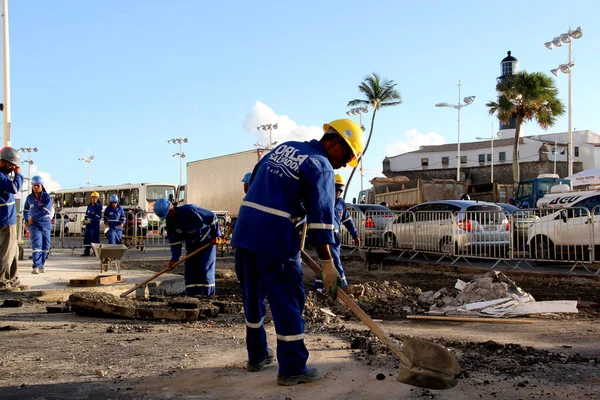 Salvador Bahia Barazil Março 2014 Trabalhadores São Vistos Obras Revitalização — Fotografia de Stock