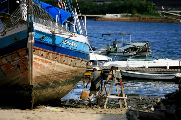 Salvador Bahia Brésil Janvier 2017 Voit Des Bateaux Ancrés Jetée — Photo