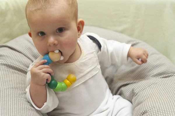 Infant Baby Bites Toy Caterpillar — Stock Photo, Image
