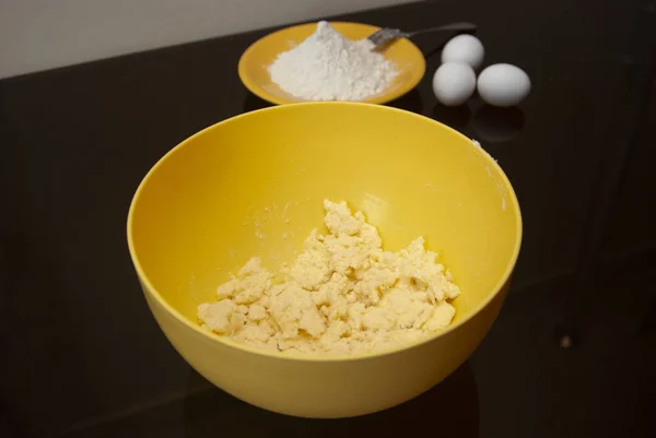 Making Cookies Cake Beating Eggs Dough Process Mixing Cream Dough — Stock Photo, Image