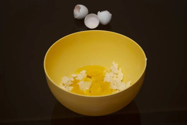 Making Cookies Cake Beating Eggs Dough Process Mixing Cream Dough — Stock Photo, Image