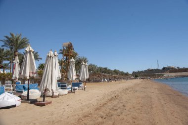 Sharm El Sheikh - Egypt - 11 February 2020 - Sea beach with sand and umbrellas.