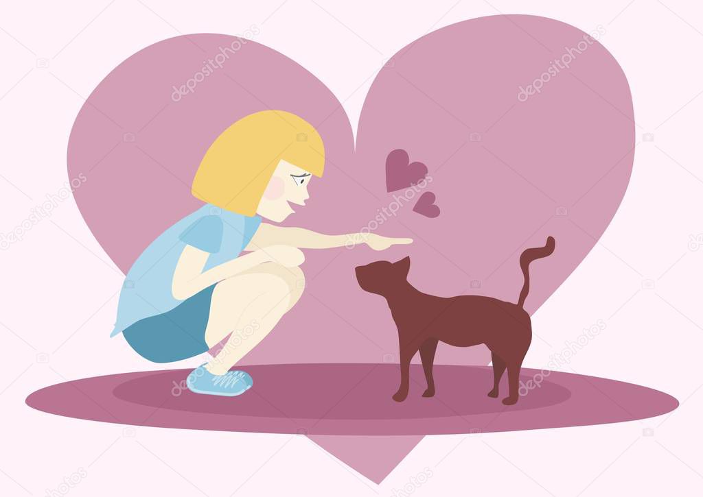 Little girl tries to pet a cat. Blonde girl strokes a brown fur cat, at the heart background.