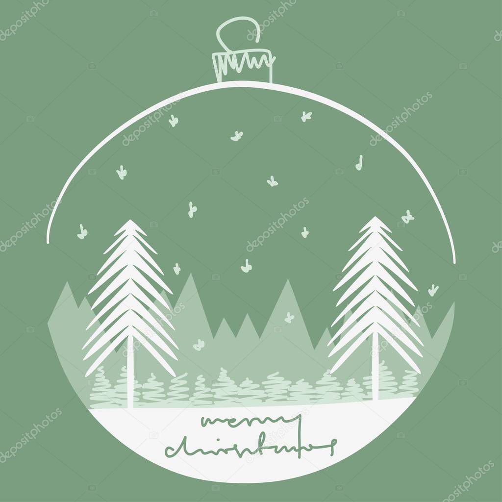 Merry christmas greetings card, forest closed in babble shape. Christmas trees and snowflakes.
