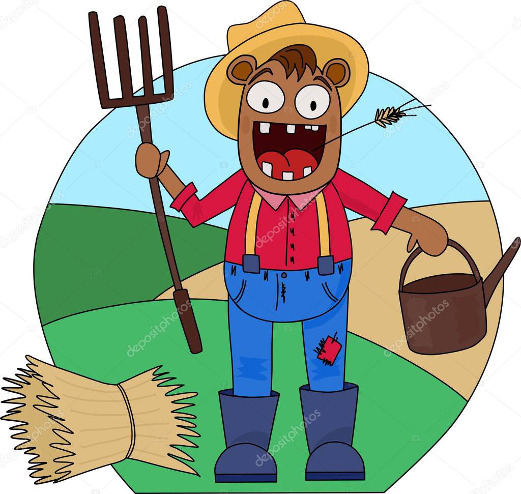 Farmer boy standing in front of field. Teddy bear in red shirt and jeans with a digging fork and watering can.