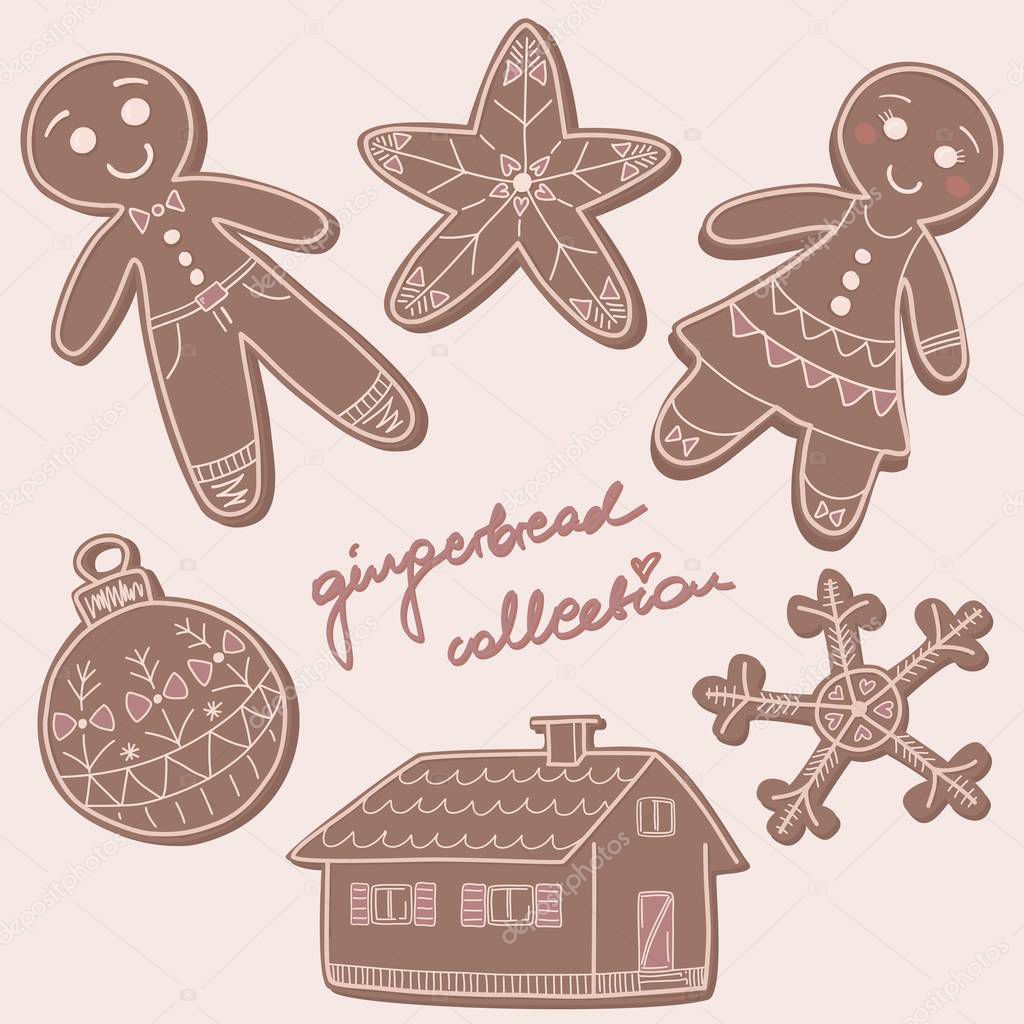 Baked gingerbread cookies collection. Man, woman, snowflake, house, babble,