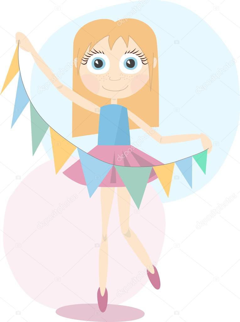 Cute little girl dancing with a festoon in her hand. Sweet young woman wearing a skirt and ballet shoes.
