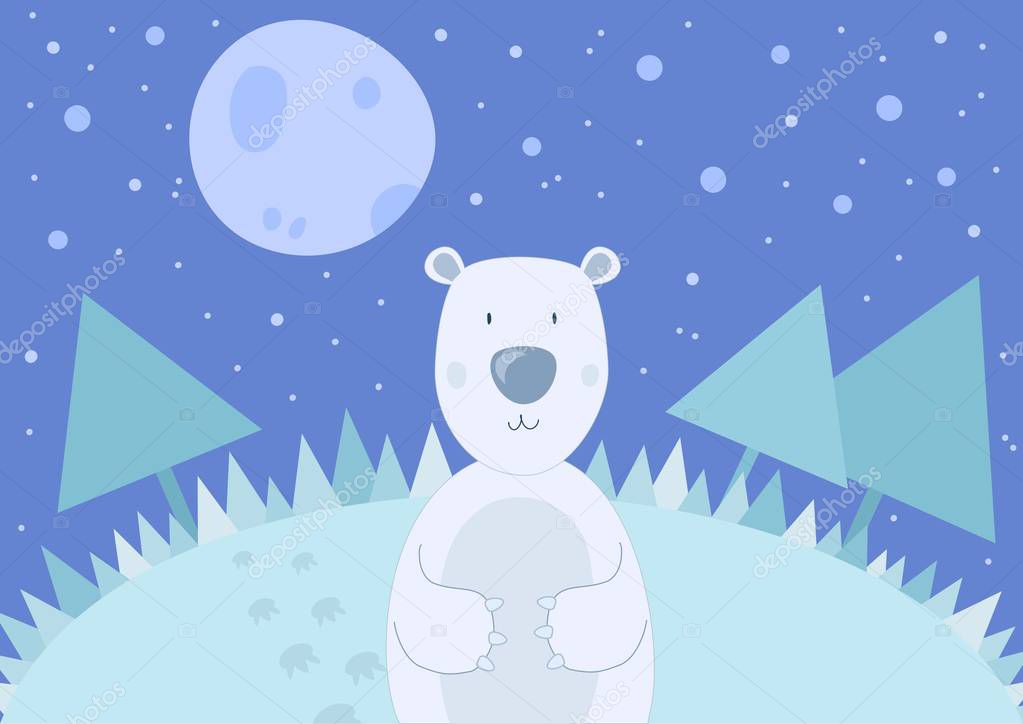 Polar bear standing in a winter landscape. Teddy bear in the moonlight, night scenery illustration. Snow forest.