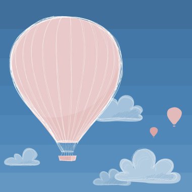 Sıcak hava balonu çizimi, bulutlarla mavi gökyüzünde uçuyor..
