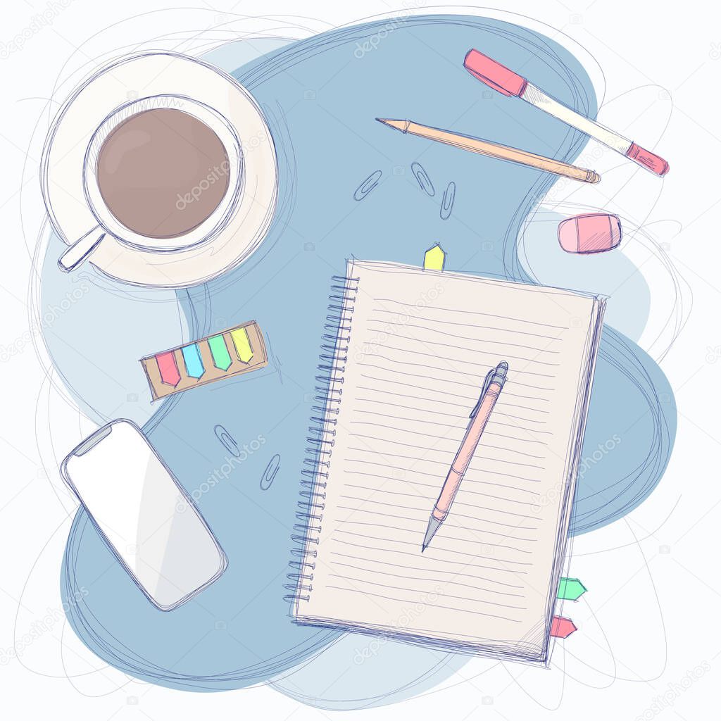 Simple working desk illustration with notepad and cup of coffee.