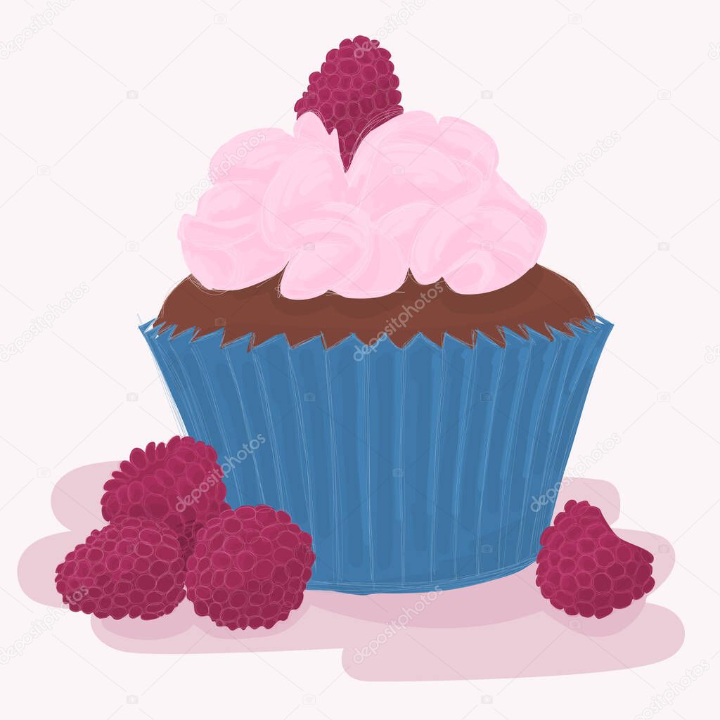 A muffin with a raspberry fruit. Chocolate cake, cookie with a pink cream in a blue wrapping. Cartoon illustration.