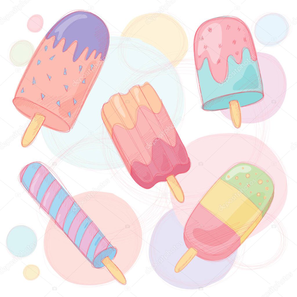 Set of pastel colors ice cream cartoon illustration. Sweets, candy, ice cream on a stick.
