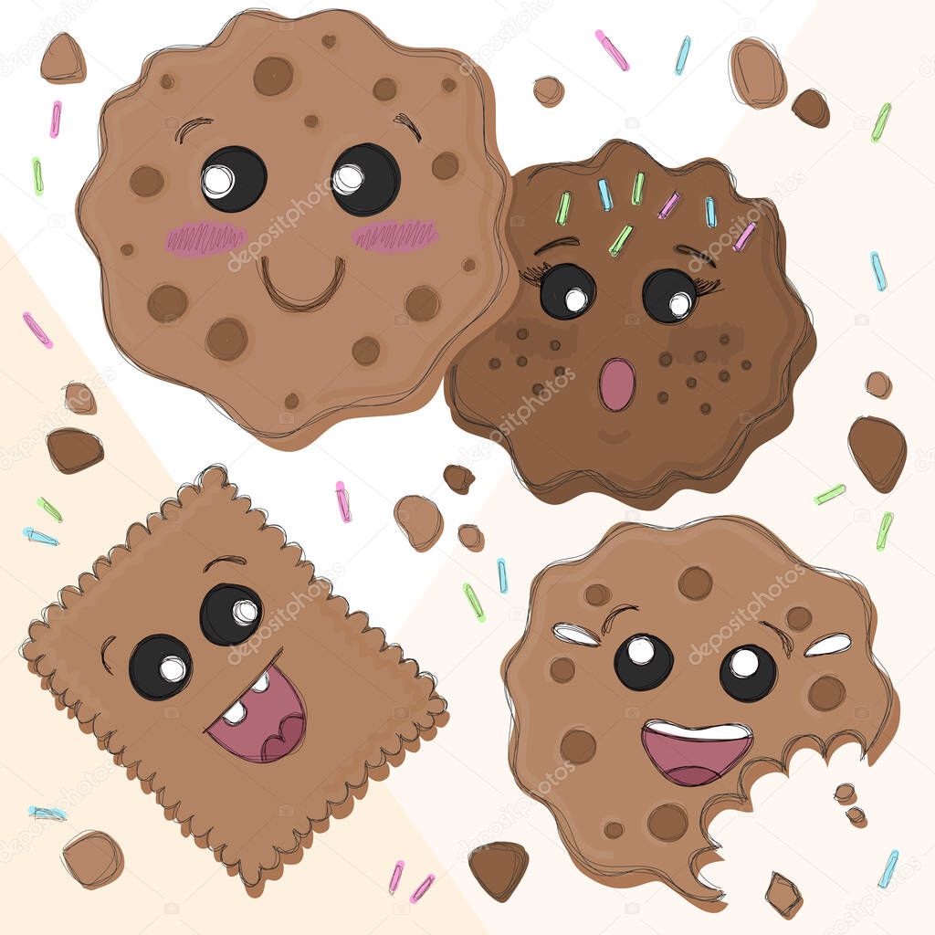 Baked cookies set. Cake with chocolate, biscuit with big kawaii eyes. Isolated comic figures.