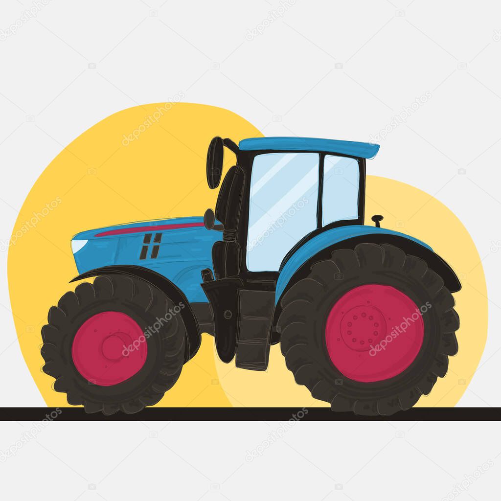 Agriculture farm machine, blue tractor vehicle with pink wheels on yellow background. 