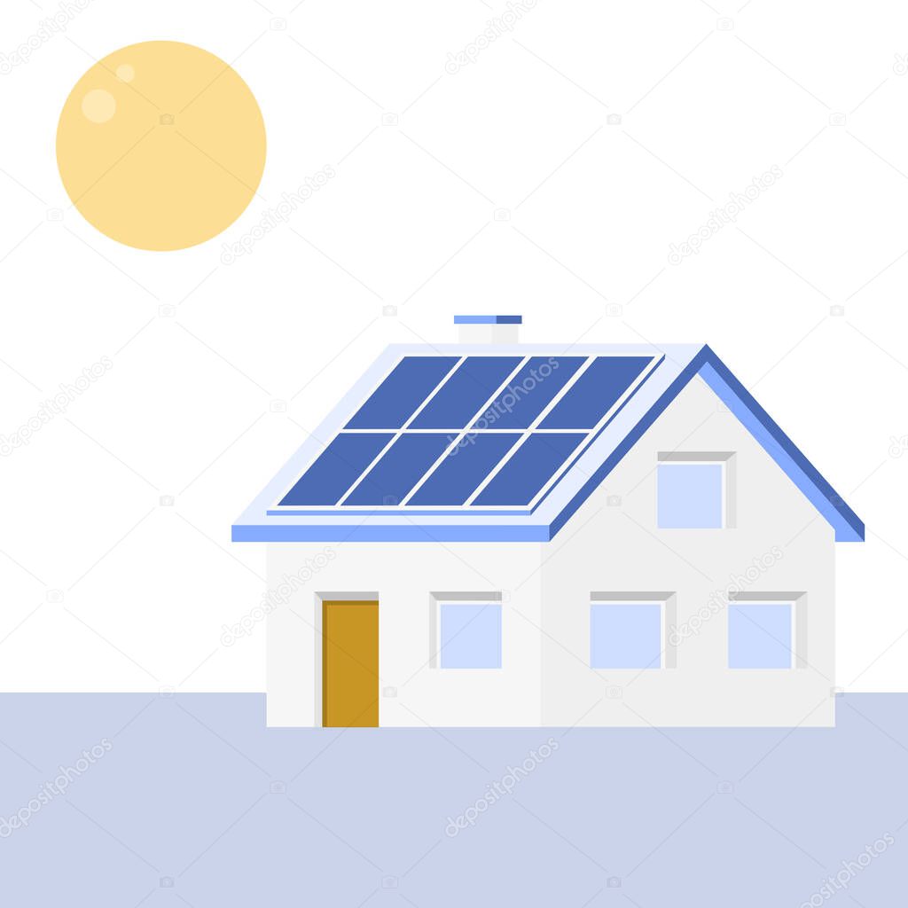 Simple house with a sun and solar panels on the roof. Blue, white and yellow minimalistic illustration.