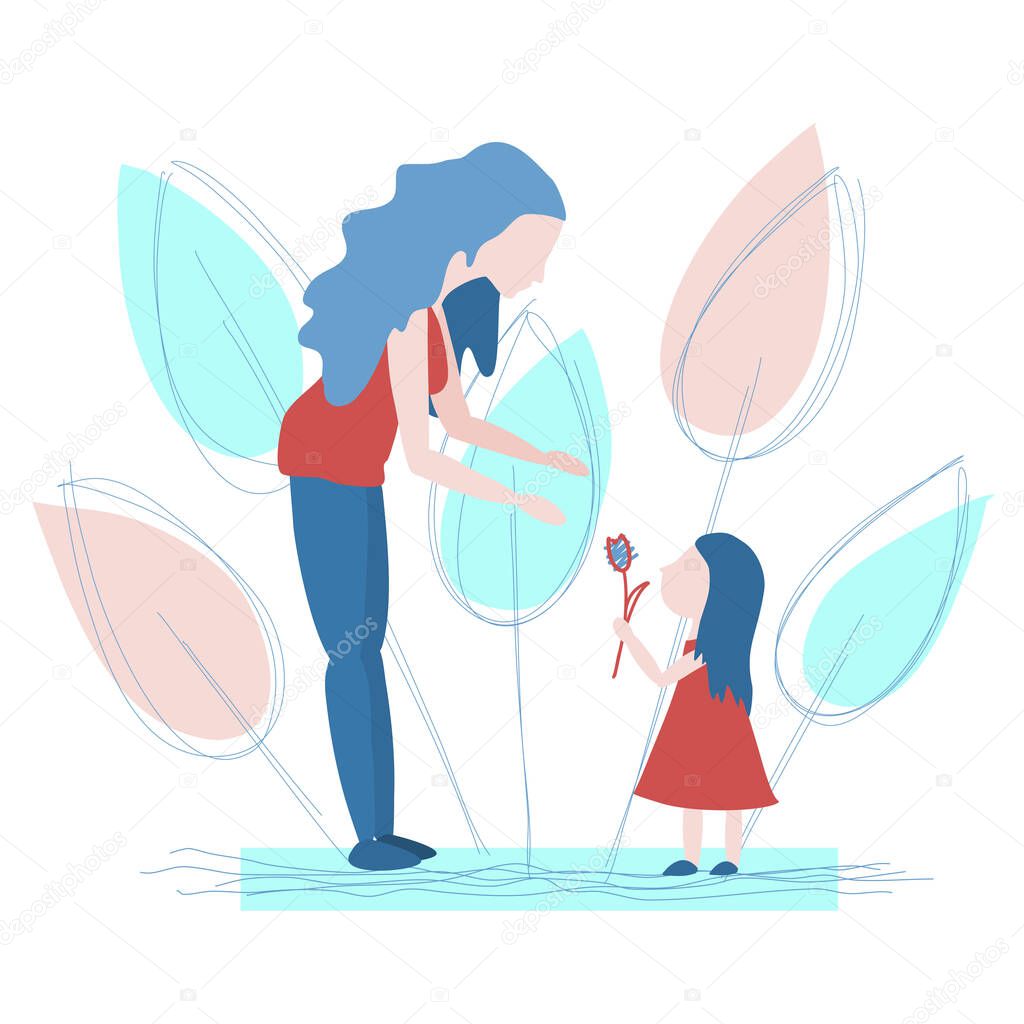 Little girl gives a tulip flower to her mother. Child and woman, pastel colors illustration.