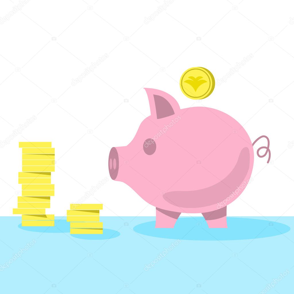 Pink cute and simple piggybank, moneybox in a pig shape. Coin stack, yellow money illustration.