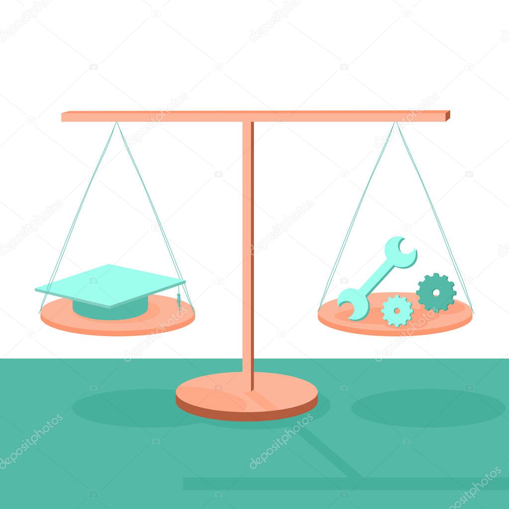 Assets scales, balance between knowledge and experience in life. Weight of business benefits. Cute vector illustration.