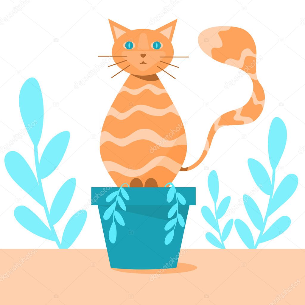Red cat sits on a top of a blue flower pot. Blue floral theme, cute illustration.