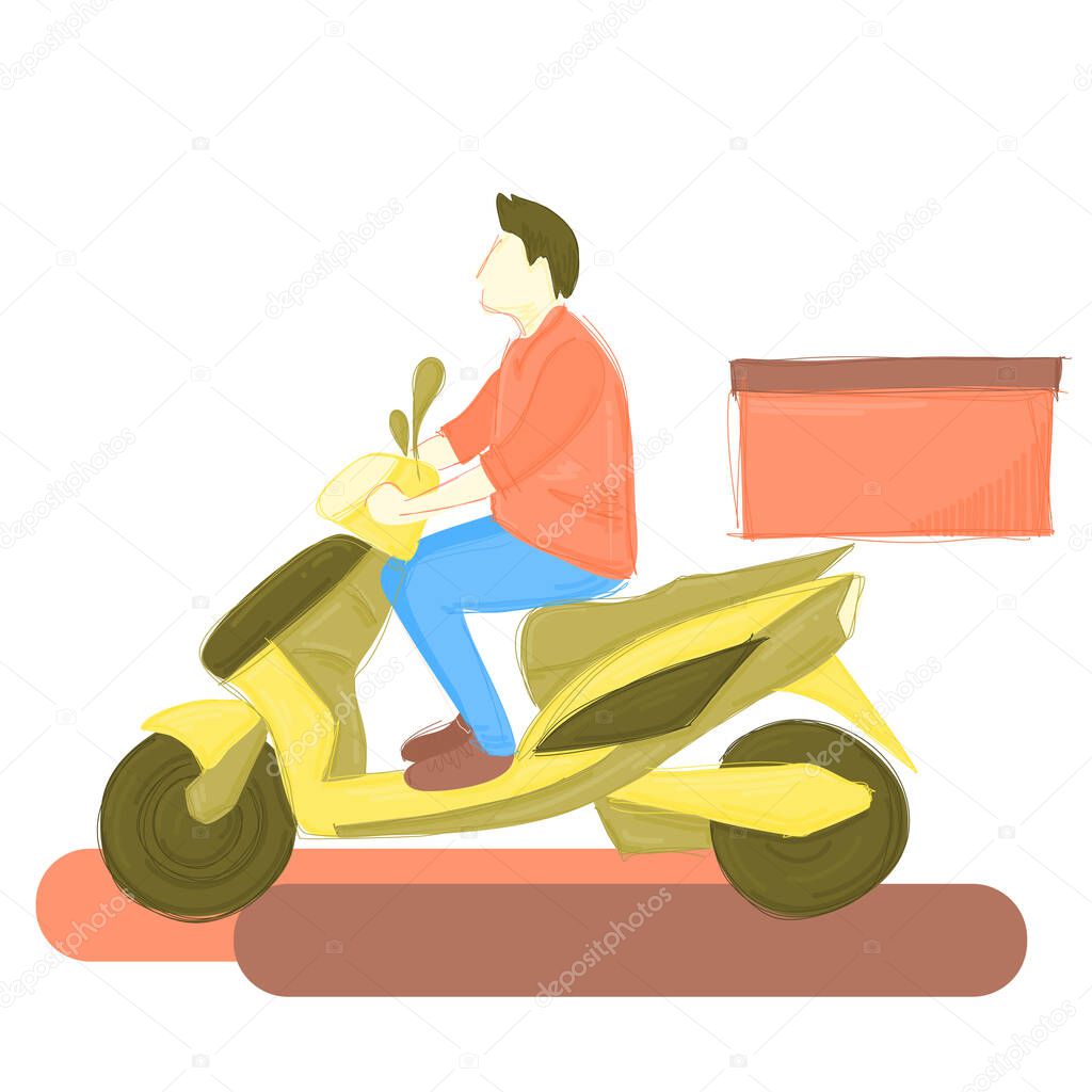 Fast delivery with a yellow scooter, motorcycle vehicle. Delivery man, messenger, courier. Cute orange illustration.