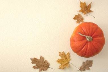 Sonbahar yaprakları ve turuncu balkabağı düz bir zemin üzerinde yatıyordu