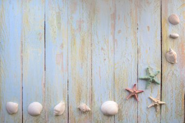 Eski ahşap arka planda bulanık deniz kabukları ve deniz yıldızları