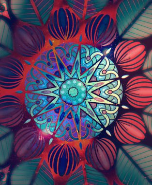 Mandala duvar kâğıdı, boho tarzı iz sürücü. Etnik süs geçmişi. Millet, meditasyon tasarımı. Renkli kıvrımlı şekil.