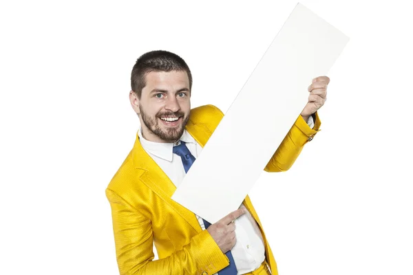 Alavanca publicitária do comércio, o homem de negócios em um terno de ouro — Fotografia de Stock