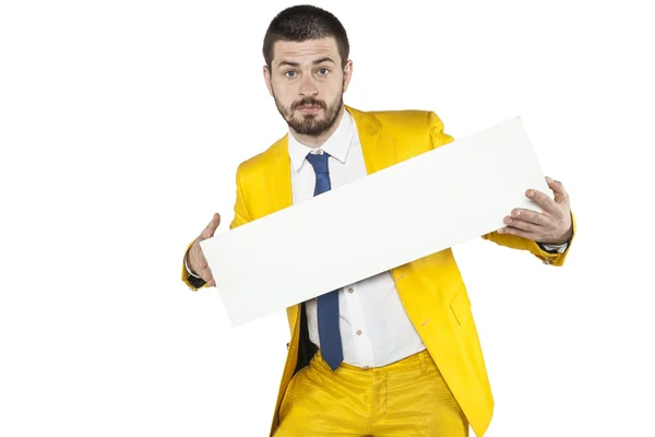 Happy businessman holds a copy space for your text — Stock Photo, Image