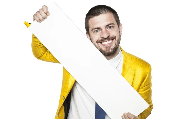 Businessman holds a copy space, dressed in a gold suit — Stock fotografie