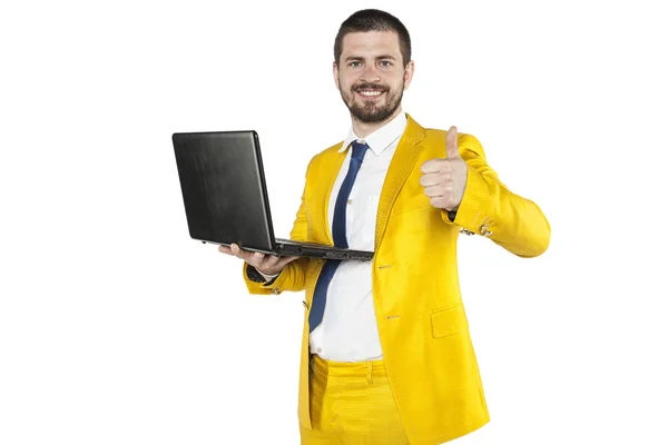 Thumbs up voor een nieuwe computer in werk — Stockfoto