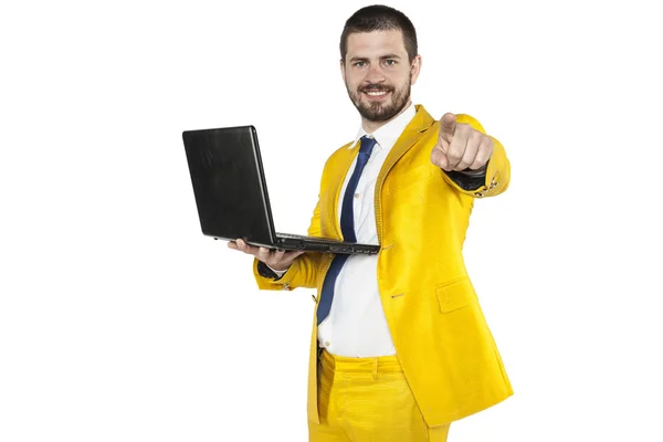 Businessman in a golden suit pointing at you — Stock Photo, Image