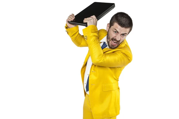 Businessman wants to destroy your computer — Stock Photo, Image